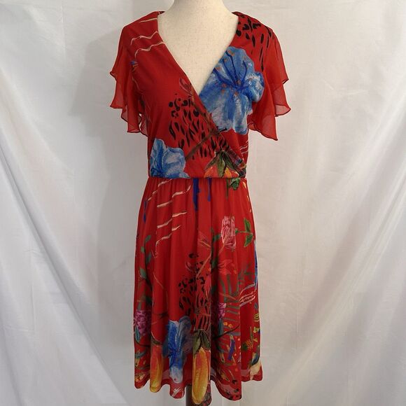 Desigual Miranda Flutter Sleeve Dress SMALL Surplice Neckline Stretch - Picture 2 of 8